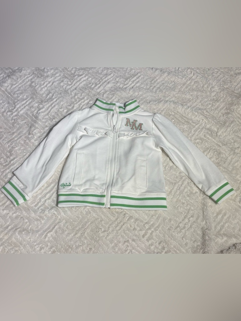Disney Minnie White Lightweight Zip-Up Jacket with Green Stripe Trim